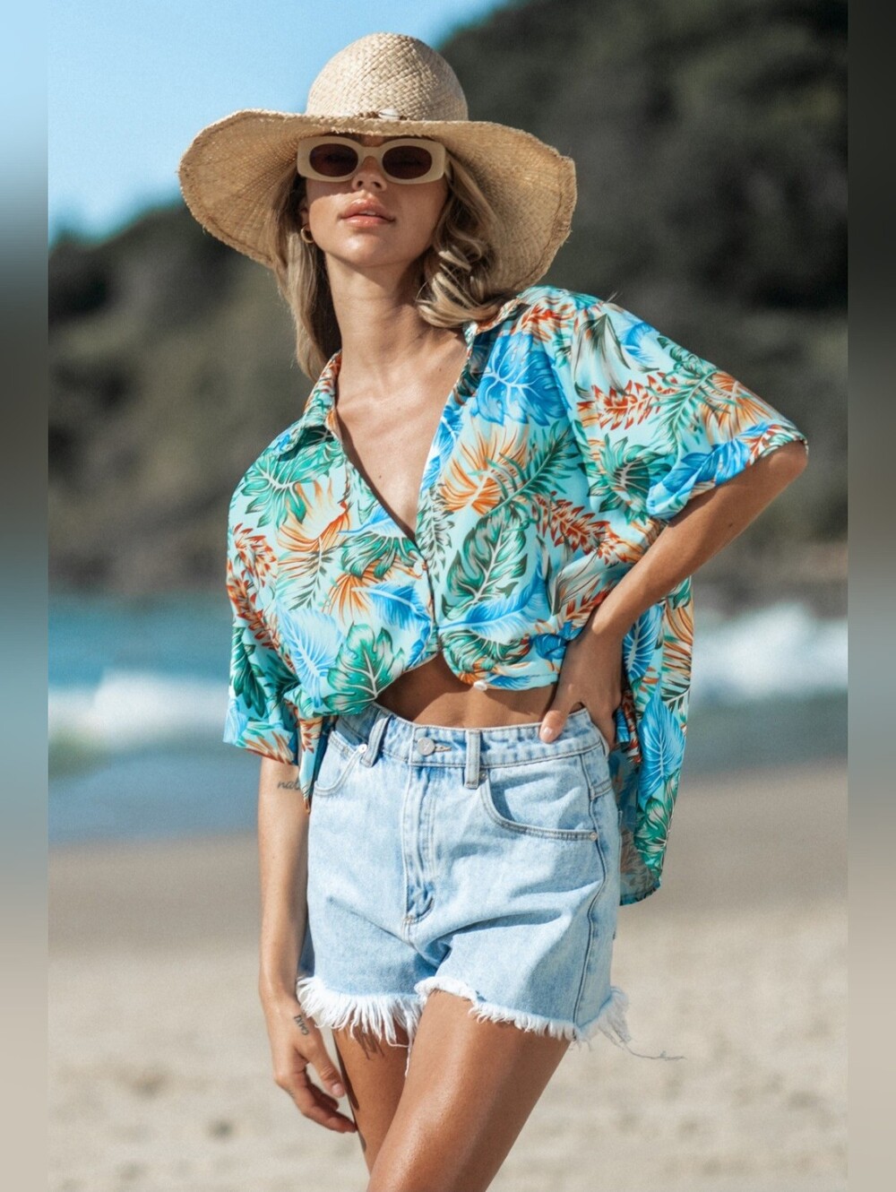 Limited Edition Tropical Floral Button-Up Shirt in Aqua and Coral (Small)